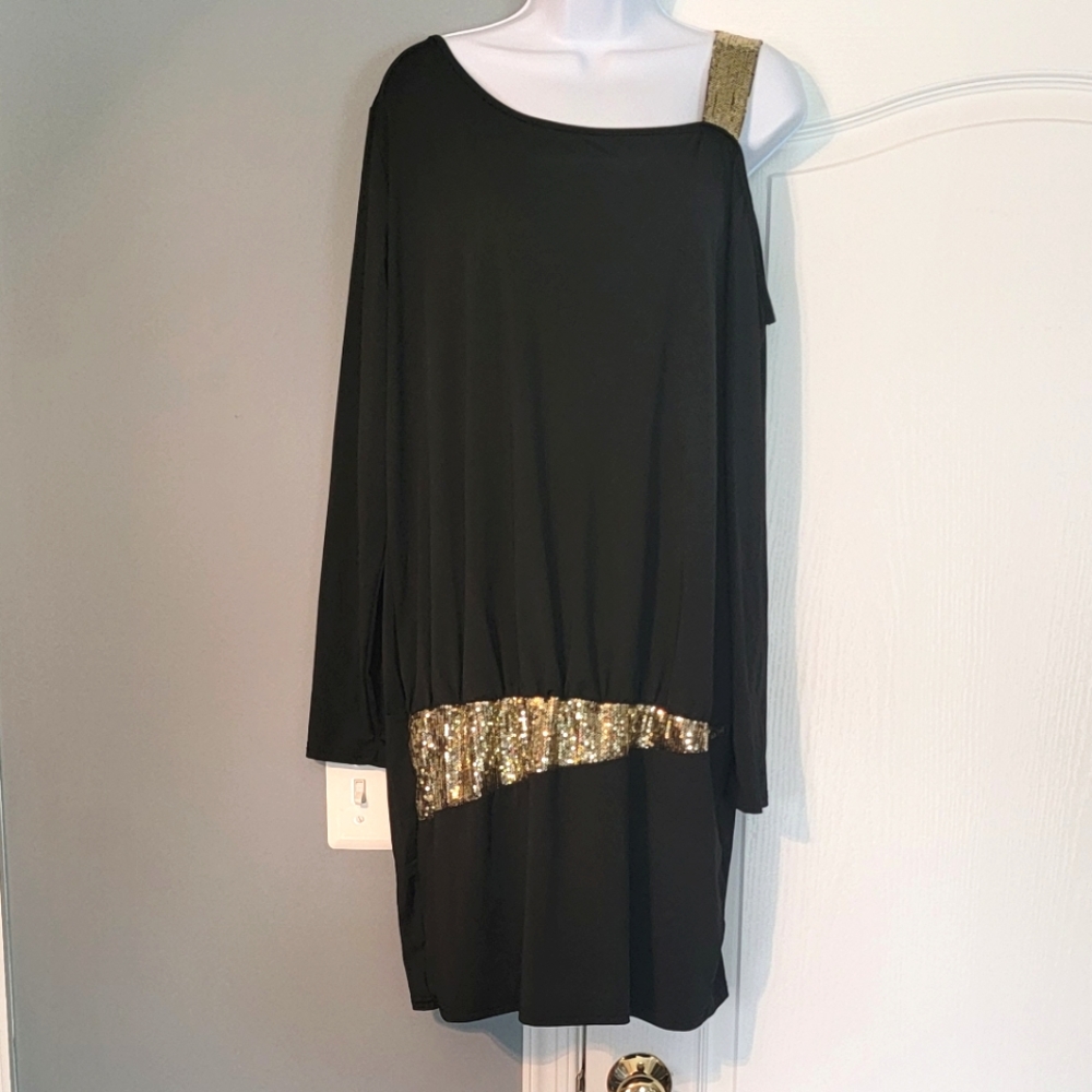 Dressfo  Black and Gold One Shoulder Dress